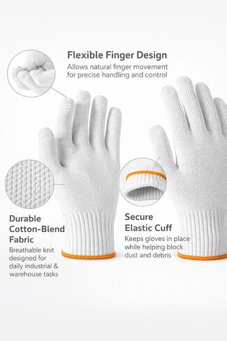 Cotton Work Gloves for Warehouse, Moving, Gardening and Cleaning | Breathable Knit Fabric, Flexible Fit, Reusable Design, Packing, Sorting, Moving, Cleaning, Maintenance and Daily Labor in Kuwait