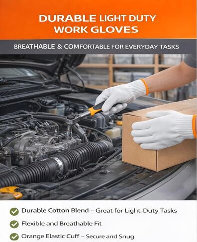 Cotton Work Gloves for Warehouse, Moving, Gardening and Cleaning | Breathable Knit Fabric, Flexible Fit, Reusable Design, Packing, Sorting, Moving, Cleaning, Maintenance and Daily Labor in Kuwait
