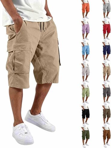 Twill Cargo Shorts for Men Casual Cotton Classic Bermuda Shorts with Pockets Drawstring Comfort Big and Tall Outfit in Kuwait