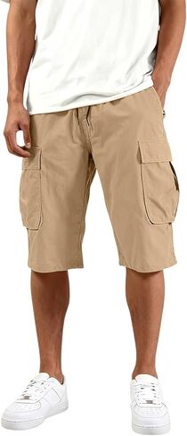 Twill Cargo Shorts for Men Casual Cotton Classic Bermuda Shorts with Pockets Drawstring Comfort Big and Tall Outfit in Kuwait
