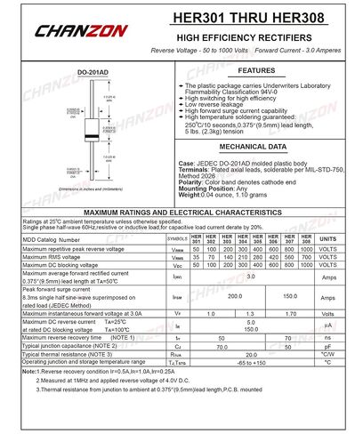 (عبوة من 20 قطعة) Chanzon HER307 صمام ثنائي مقوم عالي الكفاءة 3A 800V 50-70ns DO-201AD (DO-27) محوري 3 أمبير 800 فولت ثنائيات إلكترونية in Kuwait