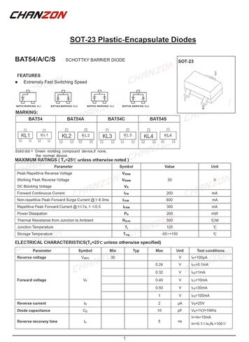 (Pack of 100 Pieces) Chanzon BAT54A SMD Schottky Barrier Rectifier Diodes 200mA 30V SOT-23 (SOT-23-3) 0.2A 30 Volt (Marking KL2) in Kuwait