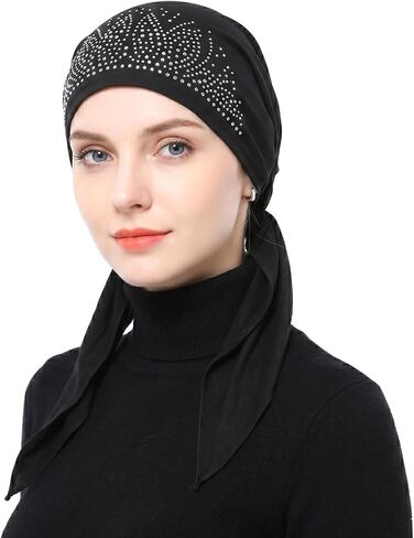 أغطية رأس نسائية سهلة الارتداء من حجر الراين مربوطة مسبقًا، قبعات صغيرة تغطي العمامة، غطاء رأس، نسيج بوليستر مطاطي، غطاء رأس للنوم، قبعة سوداء in Kuwait