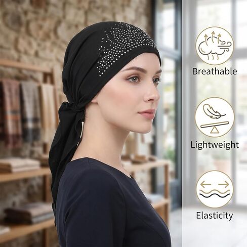 أغطية رأس نسائية سهلة الارتداء من حجر الراين مربوطة مسبقًا، قبعات صغيرة تغطي العمامة، غطاء رأس، نسيج بوليستر مطاطي، غطاء رأس للنوم، قبعة سوداء in Kuwait