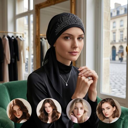 أغطية رأس نسائية سهلة الارتداء من حجر الراين مربوطة مسبقًا، قبعات صغيرة تغطي العمامة، غطاء رأس، نسيج بوليستر مطاطي، غطاء رأس للنوم، قبعة سوداء in Kuwait