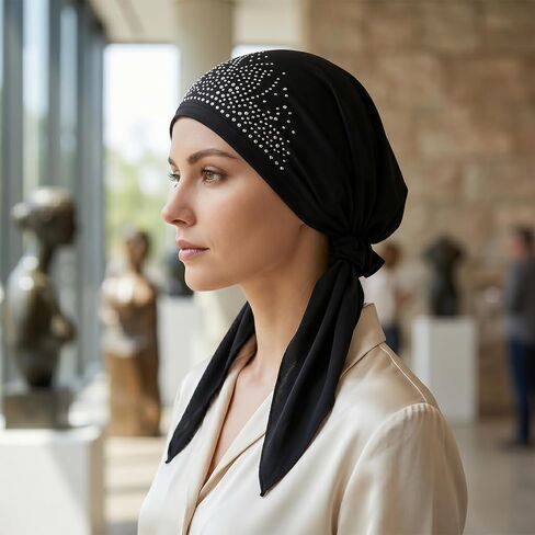 أغطية رأس نسائية سهلة الارتداء من حجر الراين مربوطة مسبقًا، قبعات صغيرة تغطي العمامة، غطاء رأس، نسيج بوليستر مطاطي، غطاء رأس للنوم، قبعة سوداء in Kuwait
