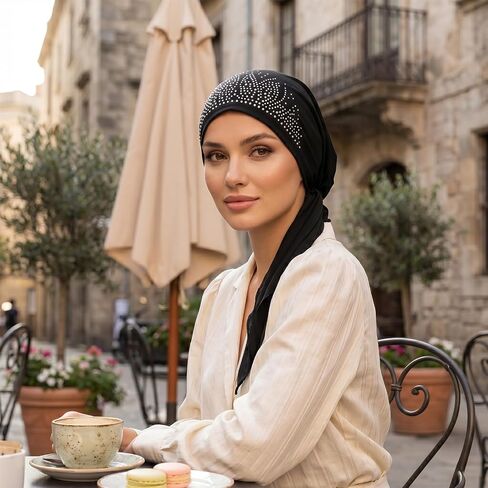 أغطية رأس نسائية سهلة الارتداء من حجر الراين مربوطة مسبقًا، قبعات صغيرة تغطي العمامة، غطاء رأس، نسيج بوليستر مطاطي، غطاء رأس للنوم، قبعة سوداء in Kuwait