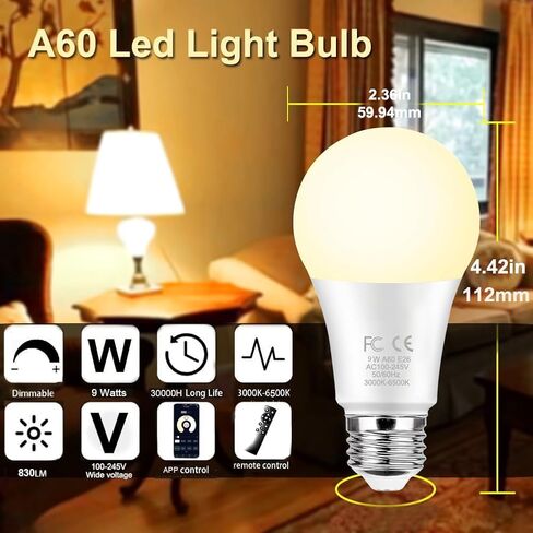 لمبة إضاءة LED ذكية GRV E26 A60 9W مع جهاز تحكم عن بعد 2.4 جيجا هرتز، مصابيح LED متغيرة اللون، قابلة للتعتيم بدون خطوات 3000K-6500K، ما يعادل مصباح ساطع 60 وات، 800 لومن، ديكور منزلي، 1 لمبة و1 جهاز تحكم عن بعد in Kuwait