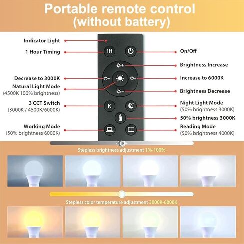 لمبة إضاءة LED ذكية GRV E26 A60 9W مع جهاز تحكم عن بعد 2.4 جيجا هرتز، مصابيح LED متغيرة اللون، قابلة للتعتيم بدون خطوات 3000K-6500K، ما يعادل مصباح ساطع 60 وات، 800 لومن، ديكور منزلي، 1 لمبة و1 جهاز تحكم عن بعد in Kuwait