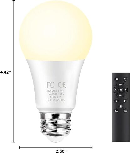 لمبة إضاءة LED ذكية GRV E26 A60 9W مع جهاز تحكم عن بعد 2.4 جيجا هرتز، مصابيح LED متغيرة اللون، قابلة للتعتيم بدون خطوات 3000K-6500K، ما يعادل مصباح ساطع 60 وات، 800 لومن، ديكور منزلي، 1 لمبة و1 جهاز تحكم عن بعد in Kuwait