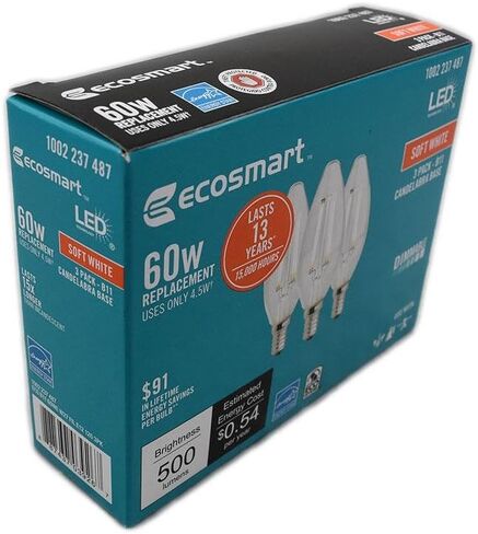 Ecosmart 60W يعادل خيوط B11 بيضاء ناعمة E12 Energy Star ومصباح إضاءة LED خافت (3 عبوات) in Kuwait