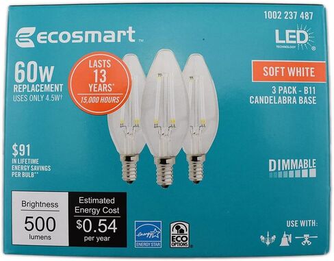 Ecosmart 60W يعادل خيوط B11 بيضاء ناعمة E12 Energy Star ومصباح إضاءة LED خافت (3 عبوات) in Kuwait