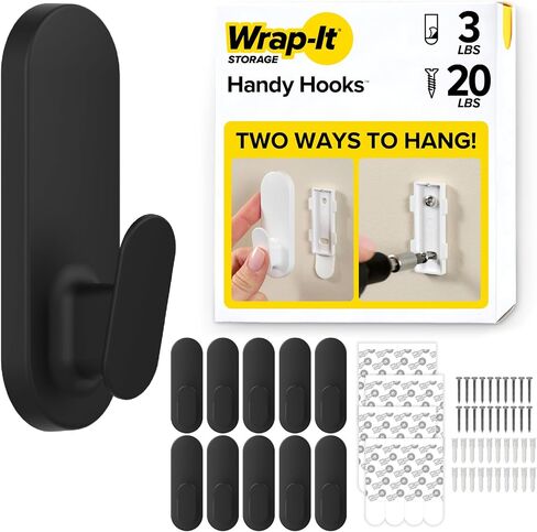 خطافات يدوية للتخزين من Wrap-It - مجموعة Ian المتنوعة المكونة من 12 قطعة (أسود) | خيار مزدوج للتركيب على الحائط أو خطافات لاصقة قابلة للإزالة - خطافات مناشف للحمامات، وشماعة الباب، وأساسيات غرفة النوم، ورف المعاطف in Kuwait