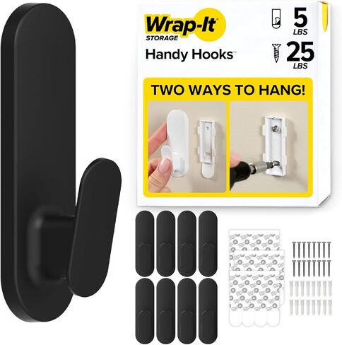 خطافات يدوية للتخزين من Wrap-It - مجموعة Ian المتنوعة المكونة من 12 قطعة (أسود) | خيار مزدوج للتركيب على الحائط أو خطافات لاصقة قابلة للإزالة - خطافات مناشف للحمامات، وشماعة الباب، وأساسيات غرفة النوم، ورف المعاطف in Kuwait