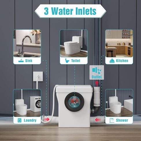 SUPERFLO One Piece Macerating Toilet System with Macerator Toilets Pump, 600W Compact Upflush Toilet for Basement - 3 Inlets for Rear Outlet Toilet Bowl, Sink & Shower in Kuwait