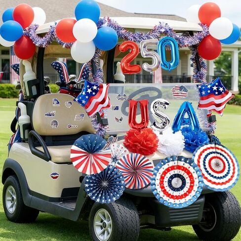 EUOYUFO America 250 مجموعة ديكورات عربة الجولف في الرابع من يوليو تتضمن لافتة وطنية ومراوح ورقية بوم بومس بهرج أكاليل وملصقات بالونات وديكور عربة الجولف الوطنية in Kuwait