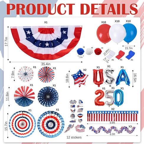 EUOYUFO America 250 مجموعة ديكورات عربة الجولف في الرابع من يوليو تتضمن لافتة وطنية ومراوح ورقية بوم بومس بهرج أكاليل وملصقات بالونات وديكور عربة الجولف الوطنية in Kuwait