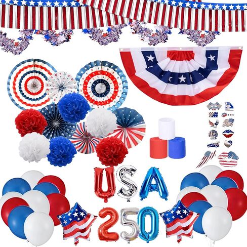 EUOYUFO America 250 مجموعة ديكورات عربة الجولف في الرابع من يوليو تتضمن لافتة وطنية ومراوح ورقية بوم بومس بهرج أكاليل وملصقات بالونات وديكور عربة الجولف الوطنية in Kuwait