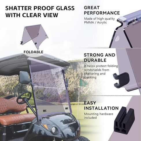 الزجاج الأمامي لعربة الجولف المدمجة Flip Flop لـ YAMAHA DRIVE 2، لون ملون، سمك 3/16 بوصة، يناسب موديلات YAMAHA DRIVE 2 2017+ in Kuwait