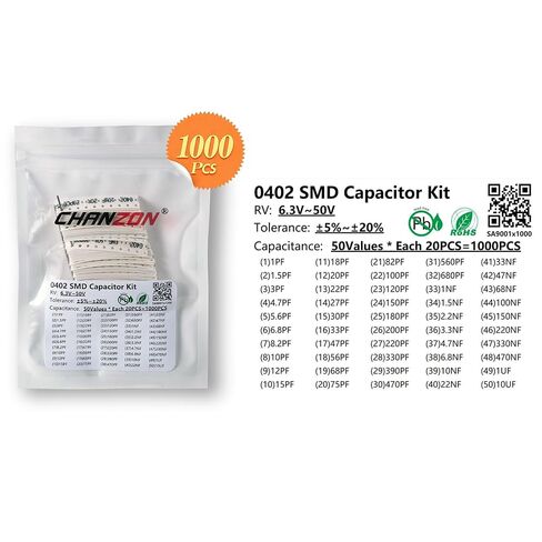 Chanzon 1000pcs 0402 SMD Capacitor Kit - 50 Values 1pF-10uF 50V Ceramic Capacitors Assortment for PCB & Electronics Repair in Kuwait