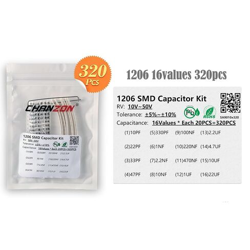 مجموعة مكثفات Chanzon 1206 SMD 16 قيم * 20 قطعة = 320 قطعة 10pF-22uF - 10V-50V تشكيلة سيراميك MLCC لمشاريع الإلكترونيات ذاتية الصنع in Kuwait