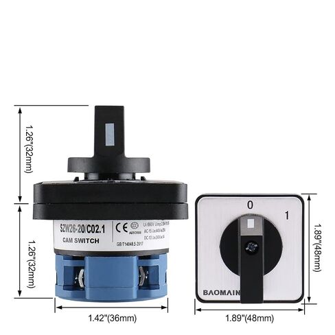 Baomain 20A 660V Rotary Cam Combination Changeover Switch, 2 Position 4 Terminal SZW26-20/C02.1, for Motor Control, Power Distribution, Industrial Panels in Kuwait