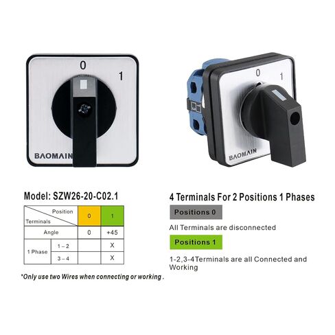 Baomain 20A 660V Rotary Cam Combination Changeover Switch, 2 Position 4 Terminal SZW26-20/C02.1, for Motor Control, Power Distribution, Industrial Panels in Kuwait
