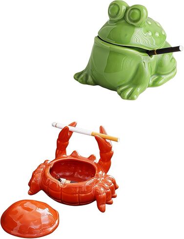 2 Pieces Ashtray with Lid,Windproof Tabletop Ceramic Cigarette Ash Tray for Outside or Inside, Crab and Frog Hallway Decor in Kuwait