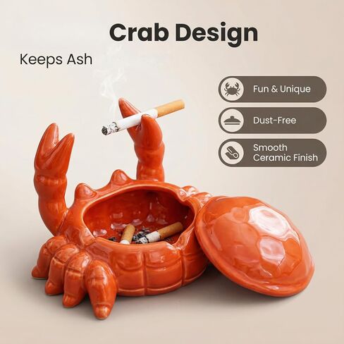 2 Pieces Ashtray with Lid,Windproof Tabletop Ceramic Cigarette Ash Tray for Outside or Inside, Crab and Frog Hallway Decor in Kuwait