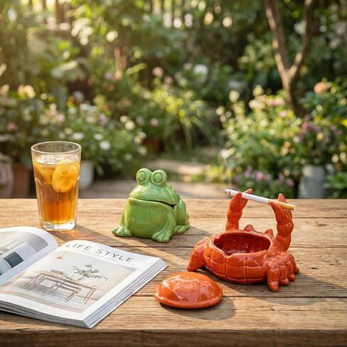 2 Pieces Ashtray with Lid,Windproof Tabletop Ceramic Cigarette Ash Tray for Outside or Inside, Crab and Frog Hallway Decor in Kuwait