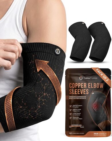 TheraCopper Copper Elbow Compression Sleeve for Men & Women (Pair) – Infused Copper Elbow Brace for Tennis Elbow, Tendonitis, Arthritis & Bursitis – Elbow Support for Golf, Workouts & Recovery (Medium) in Kuwait