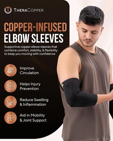 TheraCopper Copper Elbow Compression Sleeve for Men & Women (Pair) – Infused Copper Elbow Brace for Tennis Elbow, Tendonitis, Arthritis & Bursitis – Elbow Support for Golf, Workouts & Recovery (Medium) in Kuwait