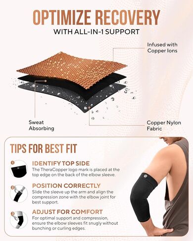 TheraCopper Copper Elbow Compression Sleeve for Men & Women (Pair) – Infused Copper Elbow Brace for Tennis Elbow, Tendonitis, Arthritis & Bursitis – Elbow Support for Golf, Workouts & Recovery (Medium) in Kuwait