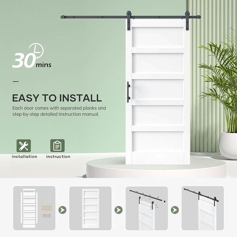 34x84 Inch White Sliding Barn Door Slab with 6ft Hardware Kit Included, 5-Panel, MDF Wood Panel Covered with Water-Proof Scratch-Proof PVC Surface, Simple DIY Assembly in Kuwait
