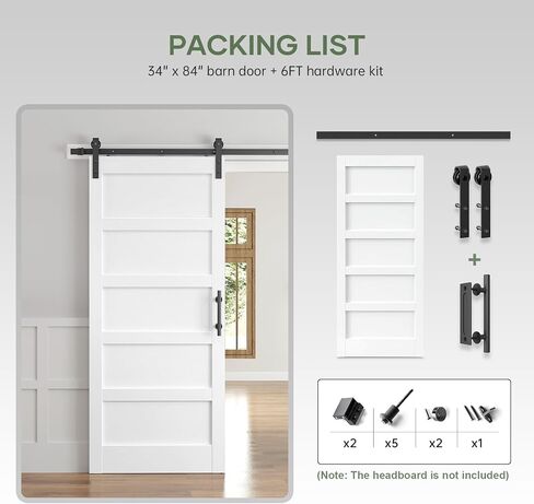 34x84 Inch White Sliding Barn Door Slab with 6ft Hardware Kit Included, 5-Panel, MDF Wood Panel Covered with Water-Proof Scratch-Proof PVC Surface, Simple DIY Assembly in Kuwait