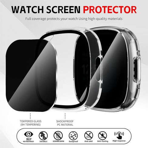 Suoman 2 Packs for Fitbit Sense 2 /Versa 4 Privacy Screen Protector Case, Tempered Glass Full Around Protective Screen, Full Cover Bumper for Fitbit Sense 2/Versa 4 Smartwatch (Clear+Clear) in Saudi Arabia