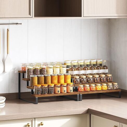 YATINEY Spice Rack, 4 Tier Wooden Display Riser Stand, Kitchen Storage Organizer for Spices, Versatile Display Shelf, Space Saving, for Kitchen Countertop and Cabinet, Rustic Brown SR04L2BR in Kuwait