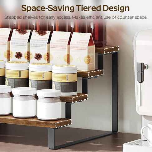 YATINEY Spice Rack, 4 Tier Wooden Display Riser Stand, Kitchen Storage Organizer for Spices, Versatile Display Shelf, Space Saving, for Kitchen Countertop and Cabinet, Rustic Brown SR04L2BR in Kuwait
