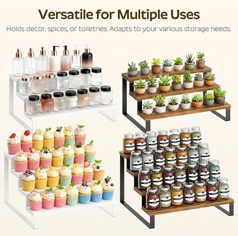 YATINEY Spice Rack, 4 Tier Wooden Display Riser Stand, Kitchen Storage Organizer for Spices, Versatile Display Shelf, Space Saving, for Kitchen Countertop and Cabinet, Rustic Brown SR04L2BR in Kuwait