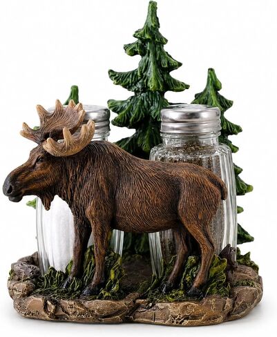 Comfy Hour 5" Moose Salt and Pepper Shaker Duo (Empty Bottle Set Included), Decorative Rustic Cabin Style Figurine Holder, Artisan Crafted Wildlife Kitchen Decor, Brown Resin, 1 Unit in Kuwait