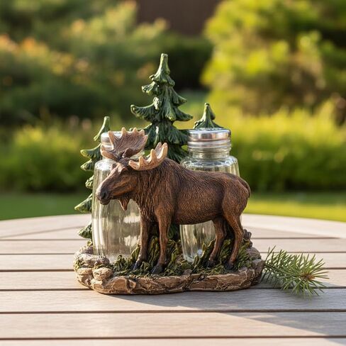 Comfy Hour 5" Moose Salt and Pepper Shaker Duo (Empty Bottle Set Included), Decorative Rustic Cabin Style Figurine Holder, Artisan Crafted Wildlife Kitchen Decor, Brown Resin, 1 Unit in Kuwait