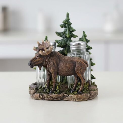 Comfy Hour 5" Moose Salt and Pepper Shaker Duo (Empty Bottle Set Included), Decorative Rustic Cabin Style Figurine Holder, Artisan Crafted Wildlife Kitchen Decor, Brown Resin, 1 Unit in Kuwait