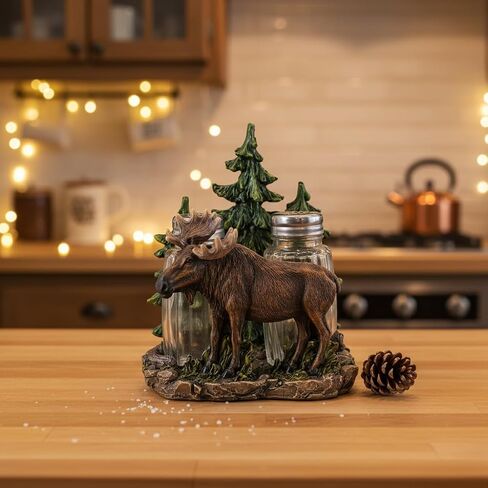 Comfy Hour 5" Moose Salt and Pepper Shaker Duo (Empty Bottle Set Included), Decorative Rustic Cabin Style Figurine Holder, Artisan Crafted Wildlife Kitchen Decor, Brown Resin, 1 Unit in Kuwait