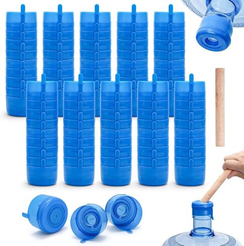 Jucoan 100 Pack Water Bottle Caps, 55mm 3&5 Gallon Non Spill Water Jug Caps, Replacement Snap On Caps for Water Dispenser Jugs, Includes 1 Wood Stick for Easy Remove in Kuwait