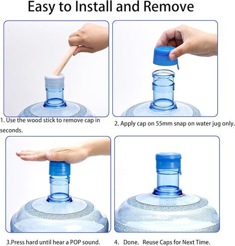 Jucoan 100 Pack Water Bottle Caps, 55mm 3&5 Gallon Non Spill Water Jug Caps, Replacement Snap On Caps for Water Dispenser Jugs, Includes 1 Wood Stick for Easy Remove in Kuwait