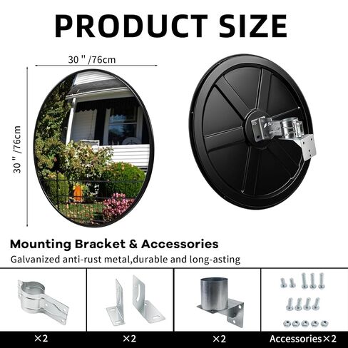 2 Pack 30 Inch Convex Traffic Mirror, Safety Security Corner Mirrors | Wide Angle Driveway Mirror with Black Frame, Adjustable Bracket for Garage, Parking Lot, Warehouse and Road Corners in Kuwait