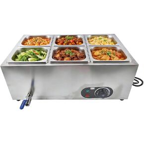 6-Pan Commercial Food Warmer 1200W, Electric Steam Table with 86-185°F Temp Control, Stainless Steel Buffet Bain Marie for Catering Restaurant in Saudi Arabia