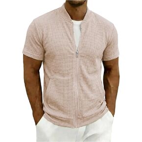 Men's Waffle Knit Full Zip Baseball Collar Short Sleeve Shirts Summer Lightweight Casual Cardigans Tops with Pockets in Kuwait