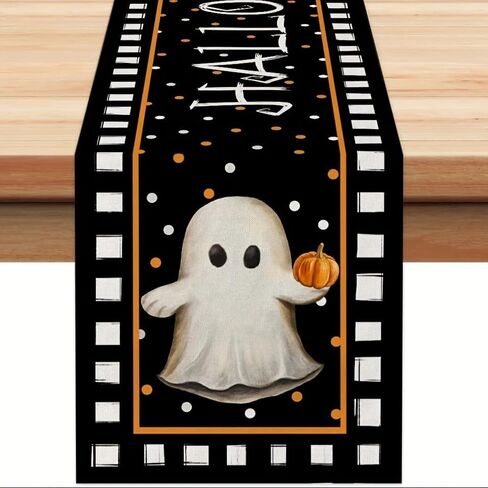 Halloween Ghost Pumpkin Bat Table Runner, Cute Flower Seasonal Linen Dinning Kitchen Table Decor for Holiday Home Party Decoration 13x72 Inch in Kuwait