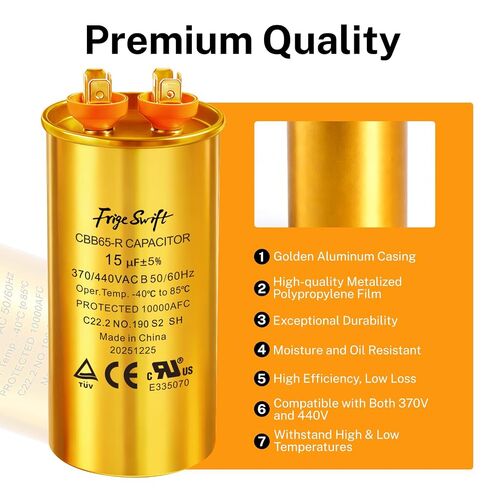 15 فائق التوهج CBB65 مكثف تشغيل مزدوج 370/440VAC 1-Pac | ±5% مكثف دائري يناسب التيار المتردد والمضخة الحرارية والثلاجة والضاغط من أجل تشغيل مستقر وآمن in Kuwait